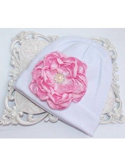 Handmade Baby Girl Christening Hat Pink Rhinestone Flower