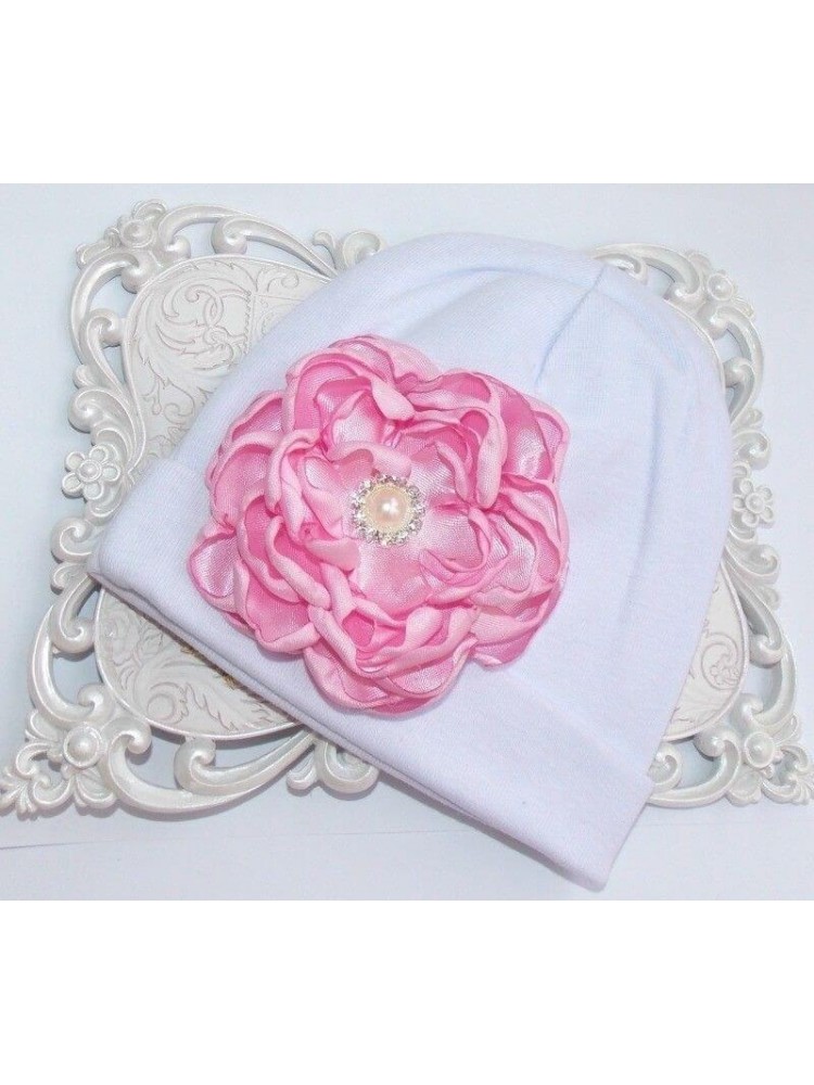 Handmade Baby Girl Christening Hat Pink Rhinestone Flower