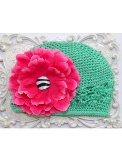 Crochet hat aqua mint with fuchsia flower