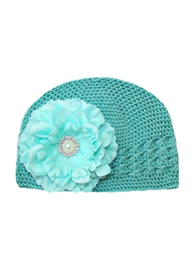 Crochet Baby Girl Hat Aqua With Aqua Peony Flower