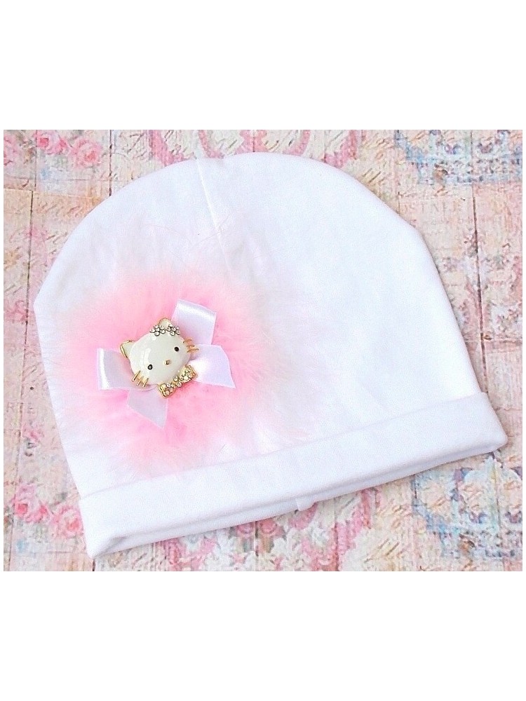 White Baby Girl Cotton Hat Hello Kitty And Marabou