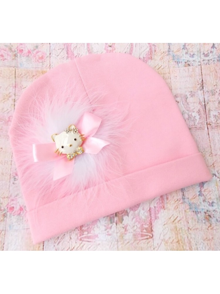 Pink Baby Girl Cotton Hat Hello Kitty And Marabou