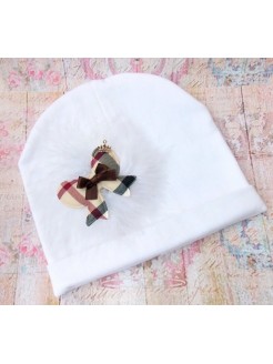 White baby girl hat Burberry style bow and marabou