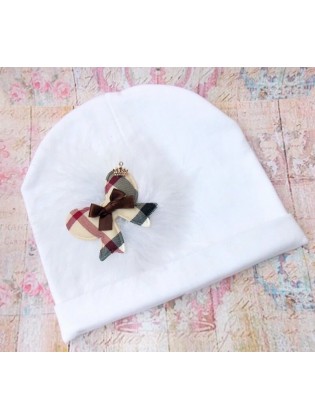 White Baby Girl Beanie Hat with Burberry Style Bow, Marabou Feather & Butterfly Applique
