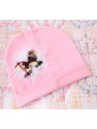 Baby Girl Pink Beanie Hat with Burberry Style Bow and Marabou Feather, Handmade Gifts for Girls in the UK