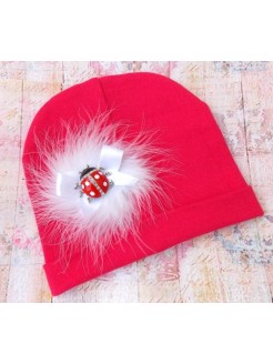 Red Baby Girl Cotton Hat Ladybird And Marabou