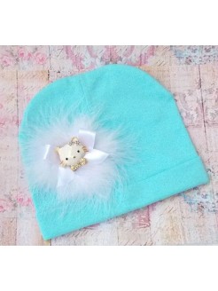 Aqua Baby Girl Cotton Hat Hello Kitty And Marabou