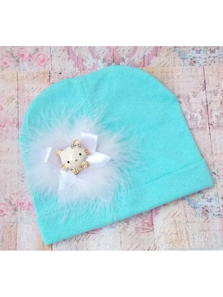 Aqua Baby Girl Cotton Hat Hello Kitty And Marabou