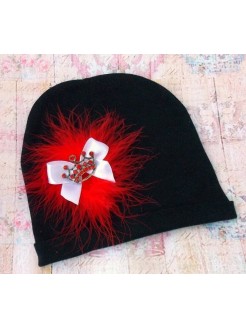 Black Baby Girl Cotton Hat Red Crown And Marabou