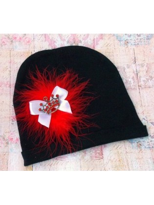 Black Baby Girl Handmade Cotton Beanie Red Crown And Marabou