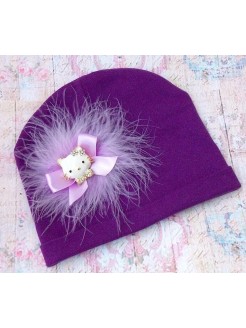 Purple baby girl cotton hat Hello Kitty with marabou feather