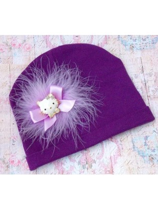 Purple baby girl cotton hat Hello Kitty with marabou feather