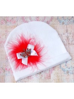 White Baby Girl Cotton Hat Red Crown And Marabou