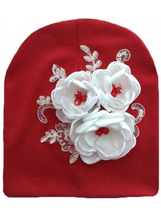 Luxury red cotton beanie hat for girls with white satin flowers, pearls, and lace