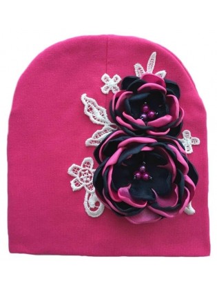 Girl Handmade Big Flowers Beanie Fuchsia With Navy Blue