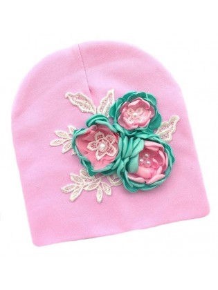 Handmade Baby Girl Hat Pink With Aqua Flowers