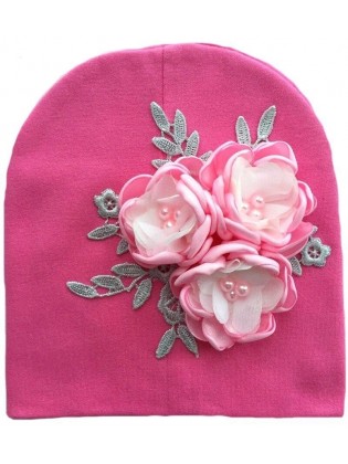 Baby Girl Handmade Hat With Pink And White Flowers