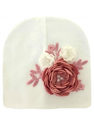 Soft, stretchy double-layer cotton beanie – handcrafted with delicate flowers for babies and toddlers.