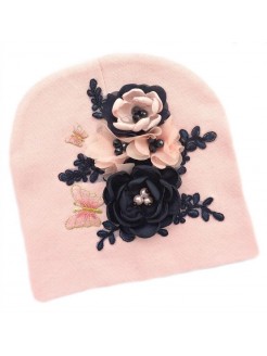 Handmade Baby Girl Hat Pink With Navy Blue Flowers