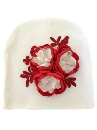 Handmade Baby Girl Christmas Hat Pink With Red Flowers