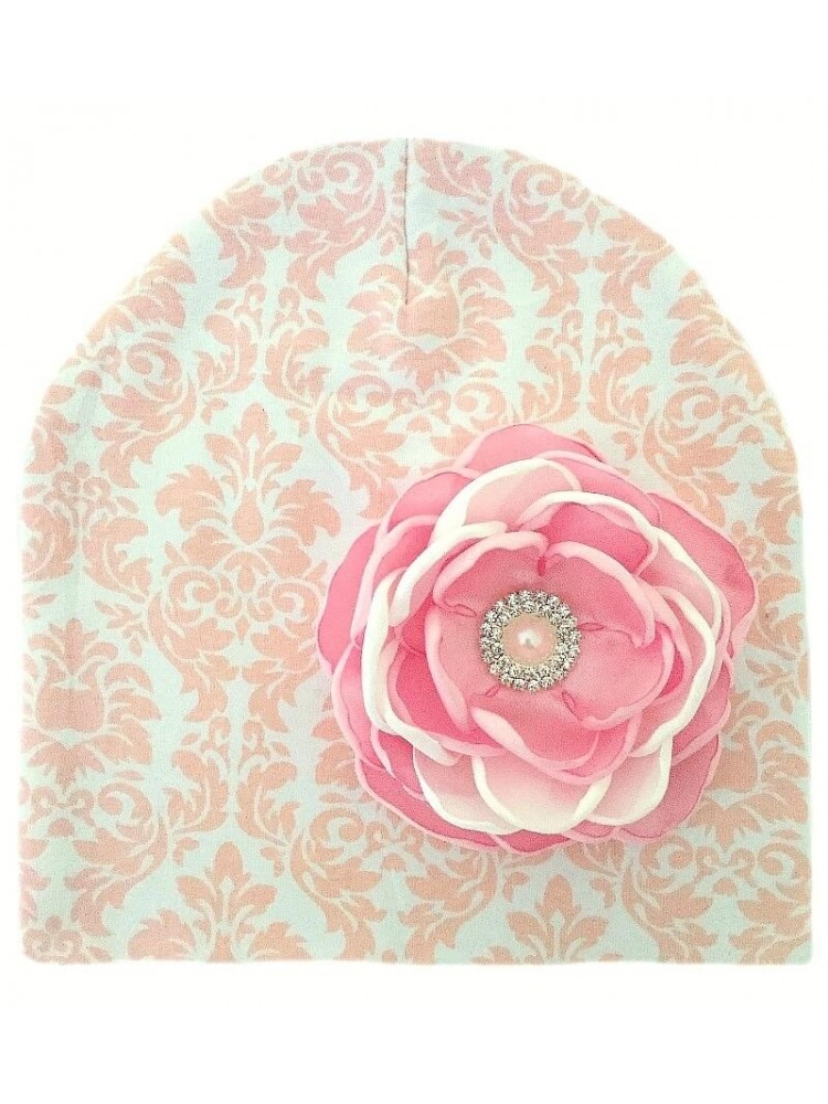 Handmade Baby Girl Damask Hat Pink With White Flower Handmade Baby Girl Damask Hat Pink With White Flower