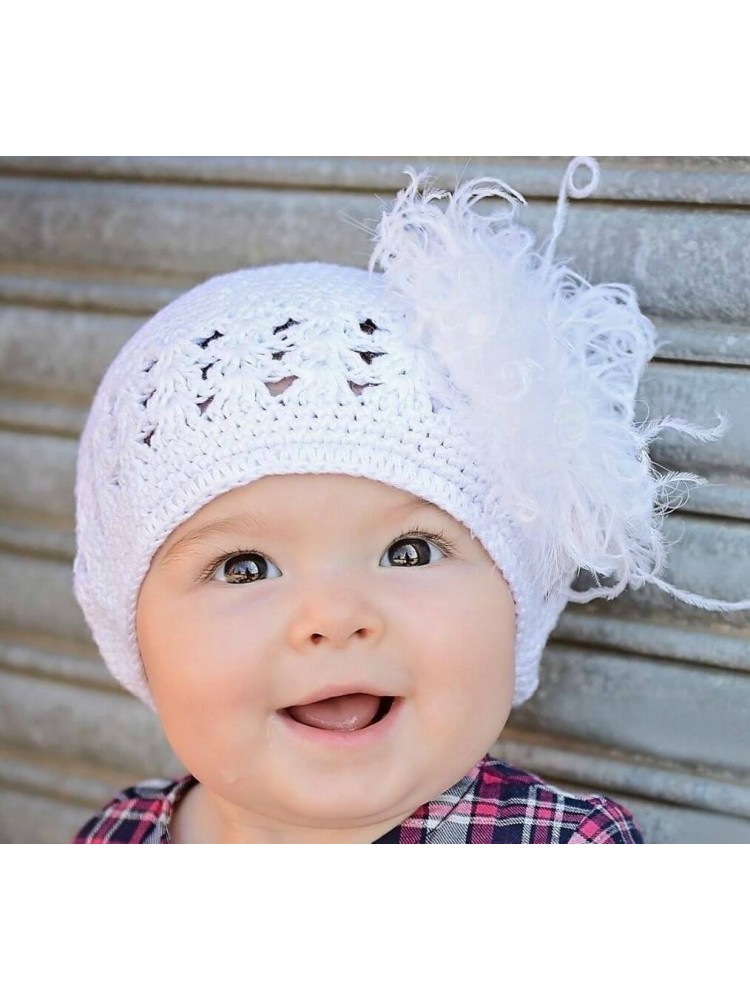 Crochet Baby Girl Christening Hat White Marabou