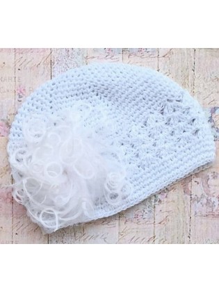 Crochet Baby Girl Christening Hat White Marabou