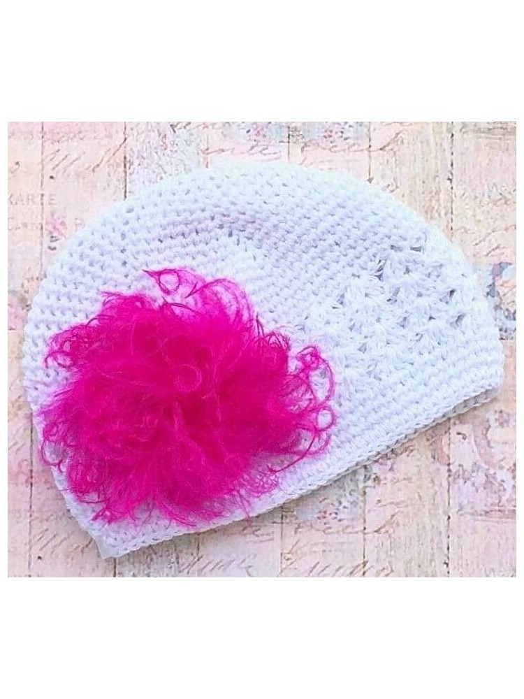 Handmade Baby Girl Hat White With Fuchsia Marabou 