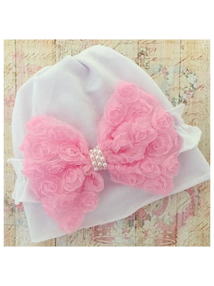 Baby Girl Hat White With Rosette Bow