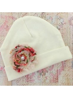 Newborn Baby Girl Hospital Hat Cream With Shabby And Pearl