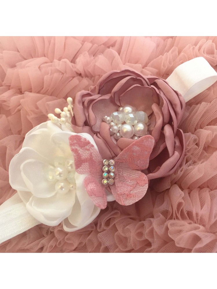 Baby Girl Handmade Headband Vintage Pink With White Baby Girl Handmade Headband Vintage Pink With White