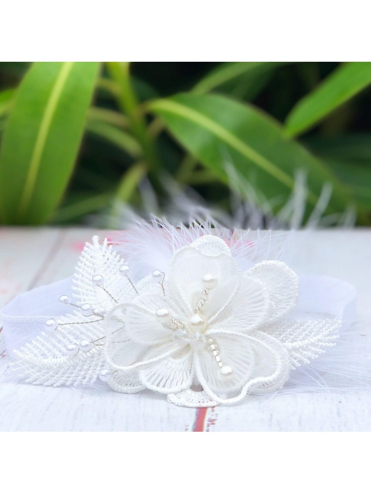 Christening Headband Organza Flower With Pearls Christening Headband Organza Flower With Pearls