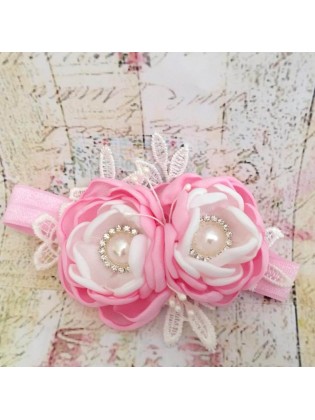 Handmade baby girl christening headband with satin flowers and pearl details