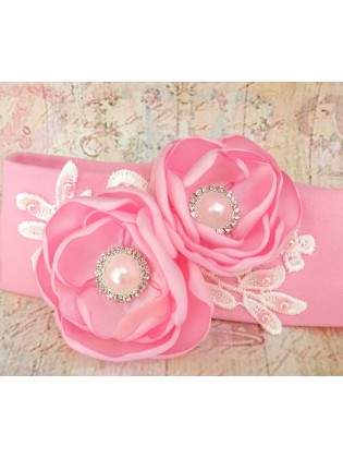 Cotton Baby Girl Headband Pink With Pink Flowers