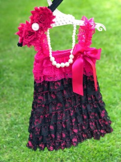 Baby lace dres Hot fuchsia and black with headband