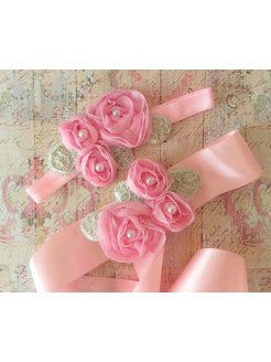 Baby Girl Sash Belt Pink Roses With Silver Leaves