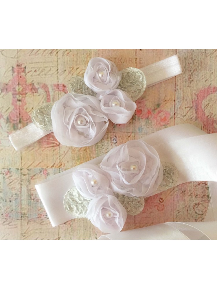 Baby Girl Sash Belt White Roses With Silver Leaves