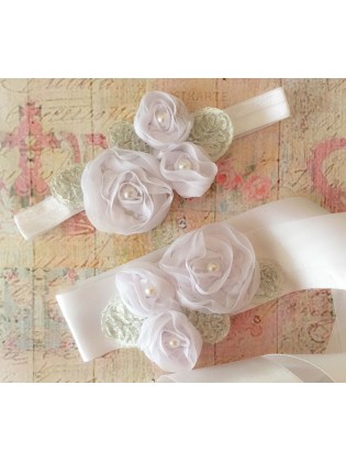 Baby Girl Sash Belt White Roses With Silver Leaves