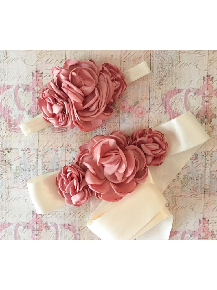 Baby Girl Sash Belt Cream With Dusty Pink