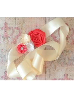 Baby Girl Sash Belt Cream With Coral