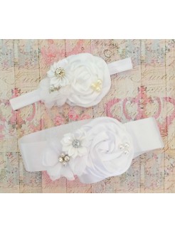 Baby Girl Sash Belt White Satin Bouquet