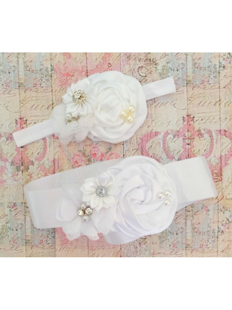Baby Girl Sash Belt White Satin Bouquet Baby Girl Sash Belt White Satin Bouquet