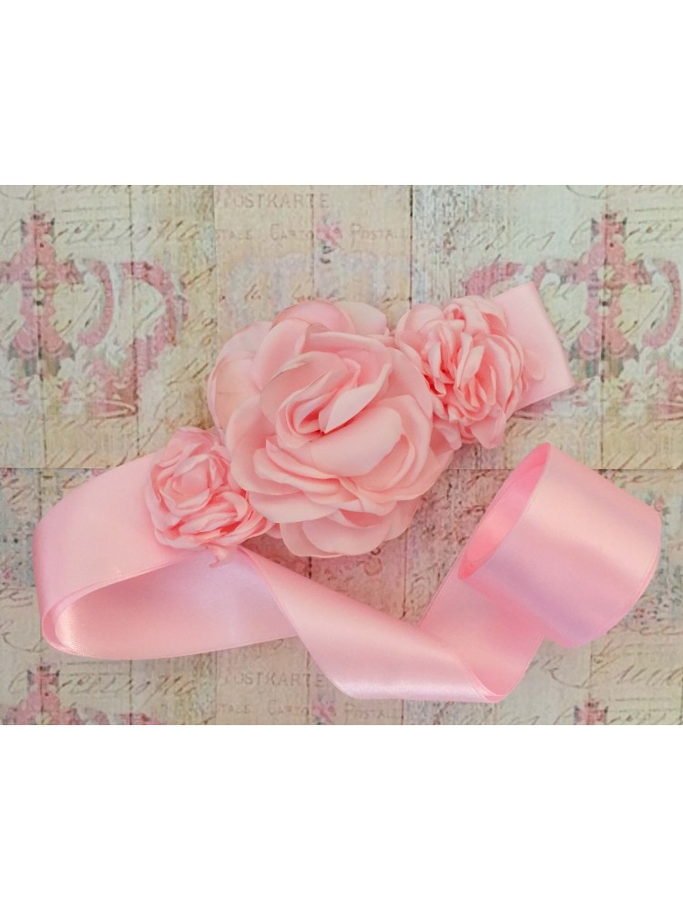 Baby Girl Sash Belt Pink With Pink Flowers