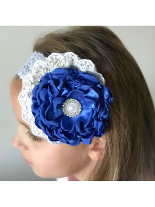 Handmade wide lace headband with large blue satin flower and lace details for girls