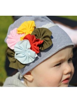Baby Girl Cotton Hat Grey With Flowers Bouquet