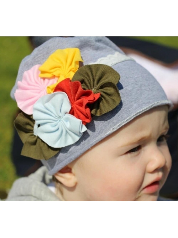 Baby Girl Cotton Hat Grey With Flowers Bouquet