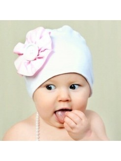 Baby Girl White Cotton Hat With Dotty Pink Flower