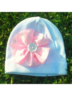 Baby Girl White Cotton Hat With Dotty Pink Flower