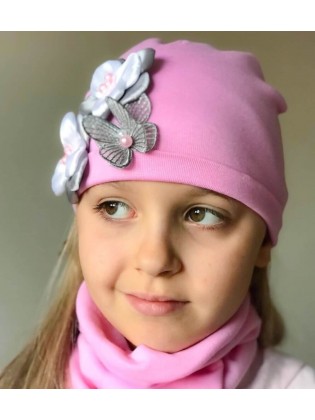 Baby Girl Hat And Tube Scarf Pink With Flowers