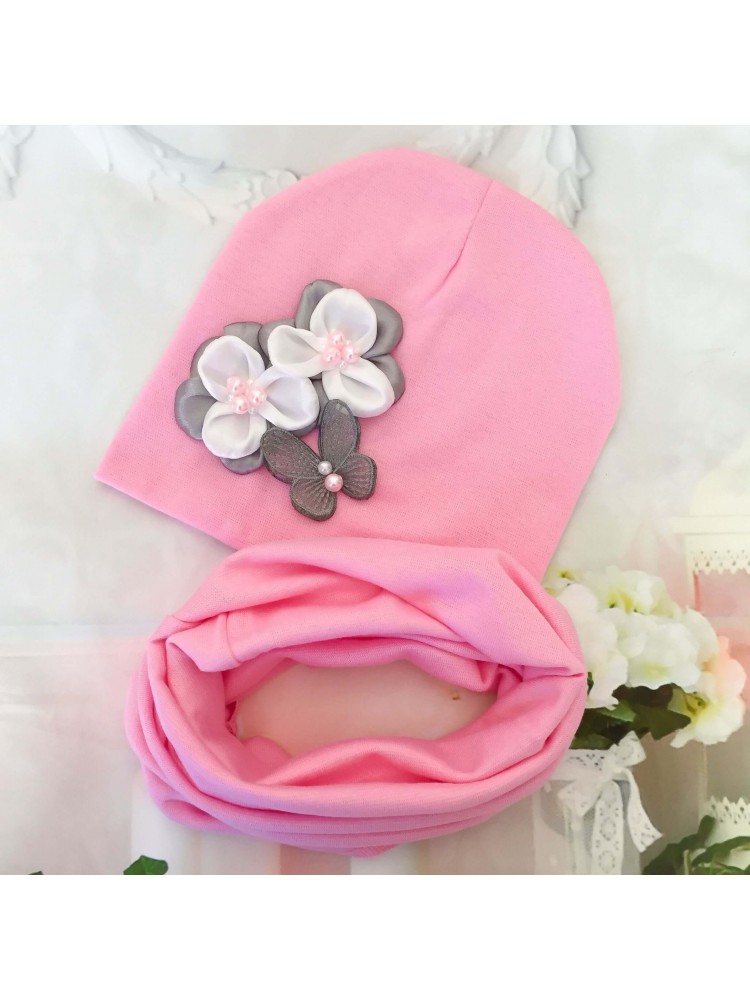 Baby Girl Hat And Tube Scarf Pink With Flowers